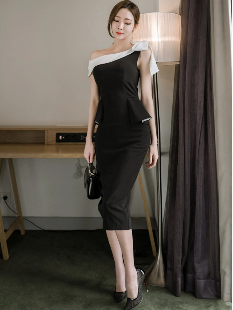 2020 Summer pencil Dresses Women patchwork Black Slim Package Hip Bow Off the Shoulder Sheath Party Dress work Vestidos
2020 Summer pencil Dresses Women patchwork Black Slim Package Hip Bow Off the Shoulder Sheath Party Dress work Vestidos