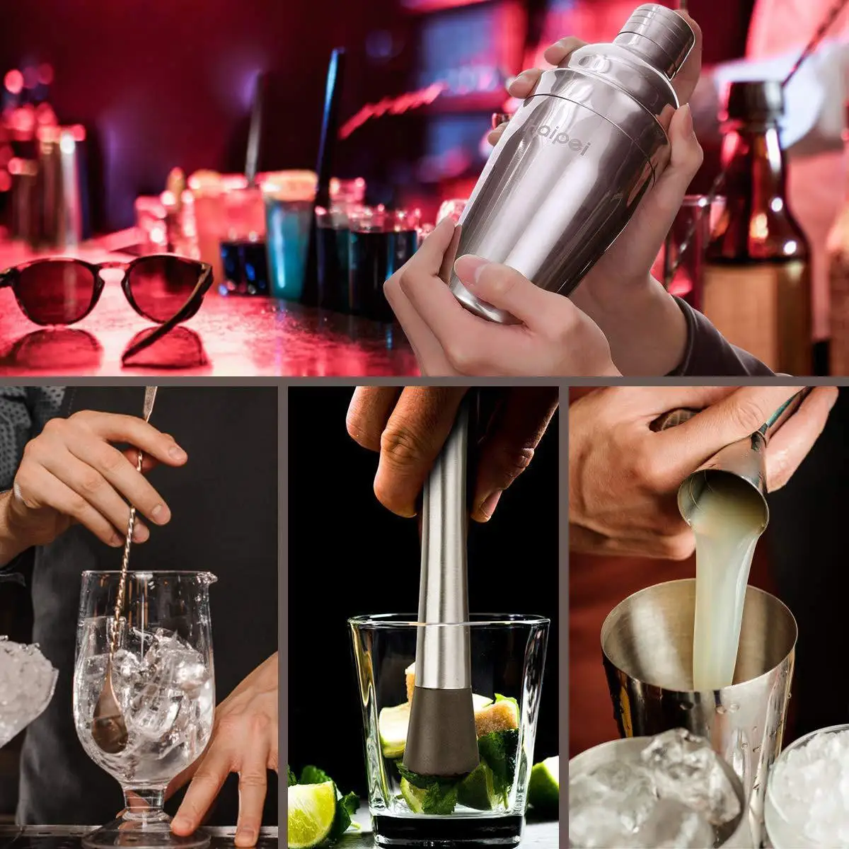 10PCS Mojito Cocktail Bar Shaker Mixer Maker Muddler Barware Set Stainless Steel Bar Sets Bartender Tools with Bamboo Stand
10PCS Mojito Cocktail Bar Shaker Mixer Maker Muddler Barware Set Stainless Steel Bar Sets Bartender Tools with Bamboo Stand