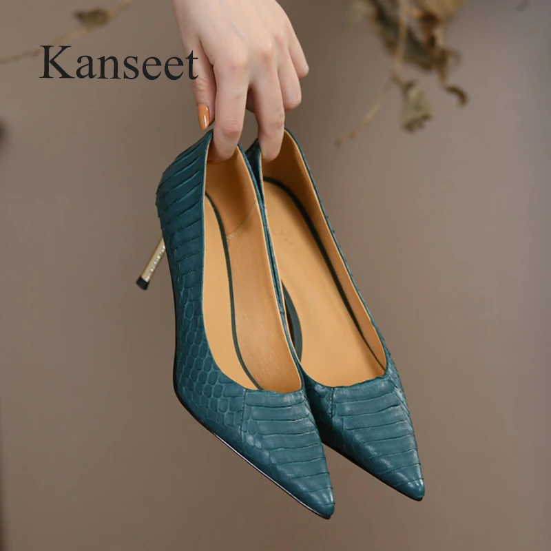 

Kanseet Sexy Pointed Toe Women Shoes New 2022 Spring Snake Leather Handmade High Qualiy Party Dress Stiletto Pumps Lady Footwear