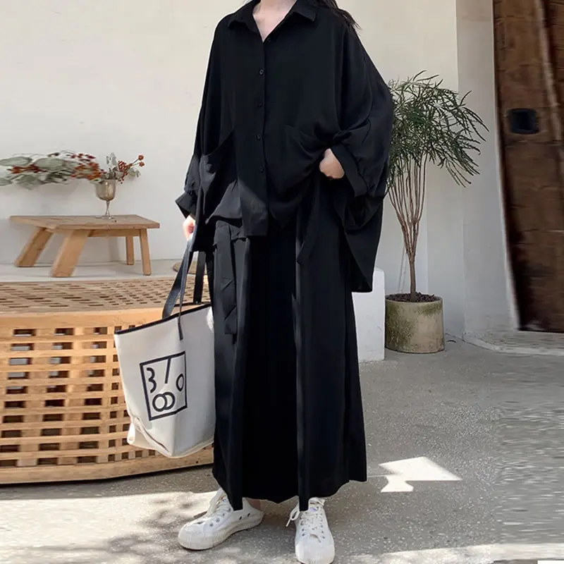 XITAO Two Pieces Set Women Black Single Breasted Full Sleeve Pocket Top Pleated Elastic Waist Length Pants 2020 DMY3409 | Женская одежда