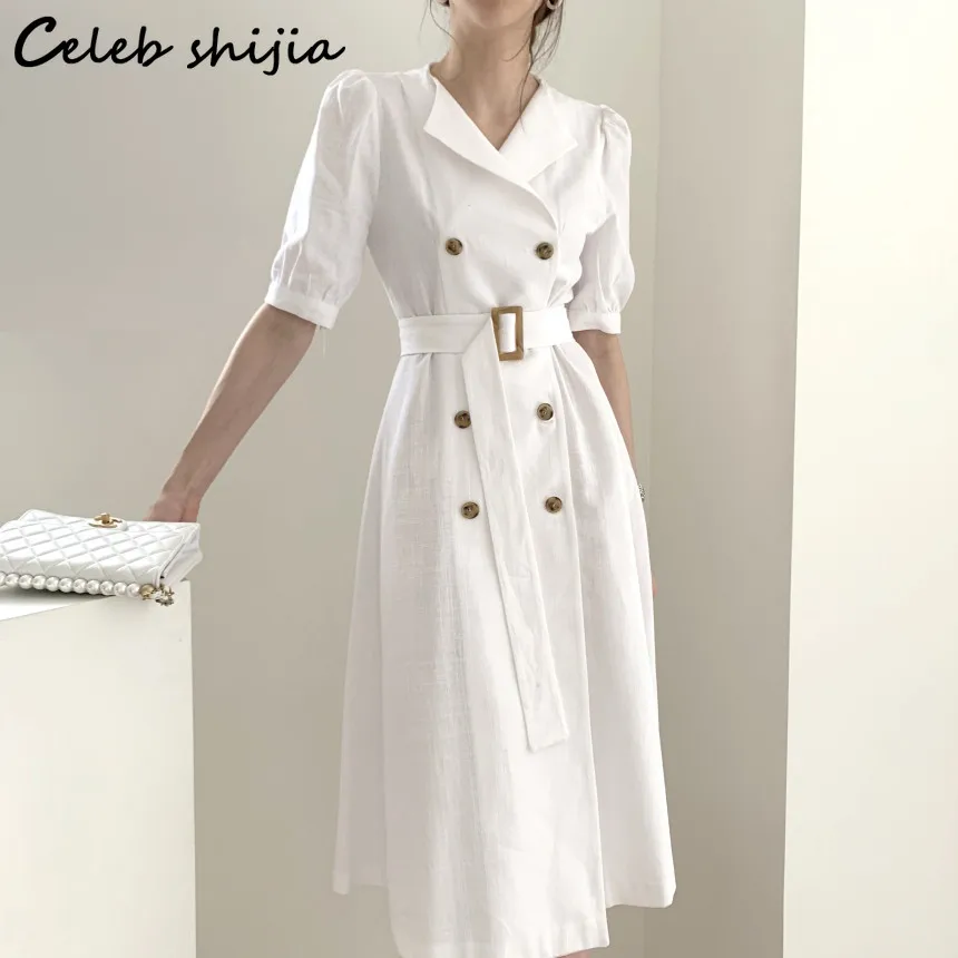 Женское офисное платье с завышенной талией, белое двубортное длинное платье на шнуровке в Корейском стиле, весна-лето 
Женское офисное платье с завышенной талией, белое двубортное длинное платье на шнуровке в Корейском стиле, весна-лето