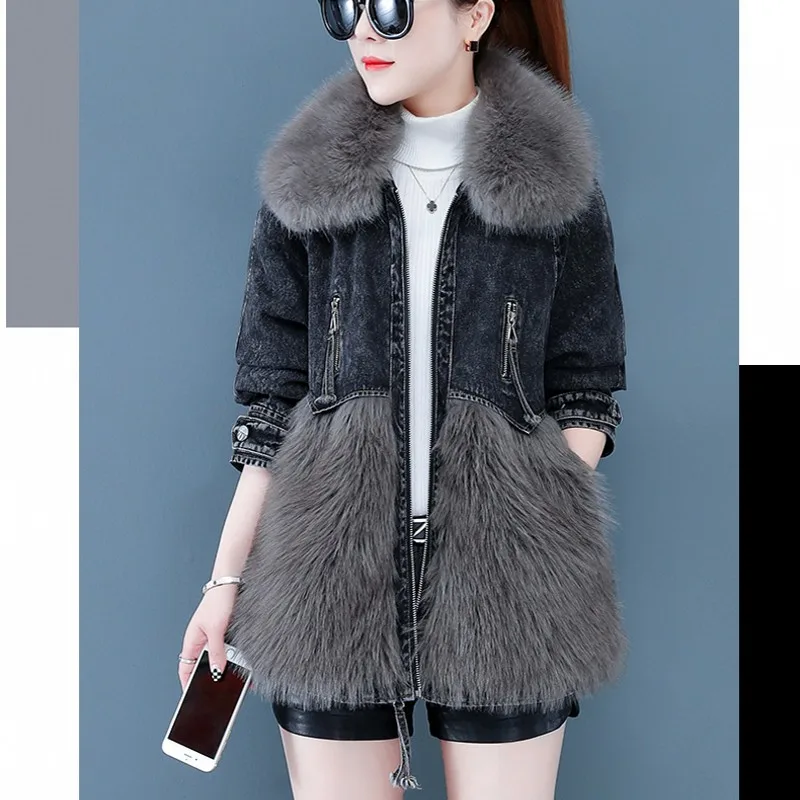 

2021 Winter Denim Fur Coat Natural Fox Fur Collar Rex Rabbit Fur Iiner Jacket New Fashion Parka Thick Warm Real Fur Coat