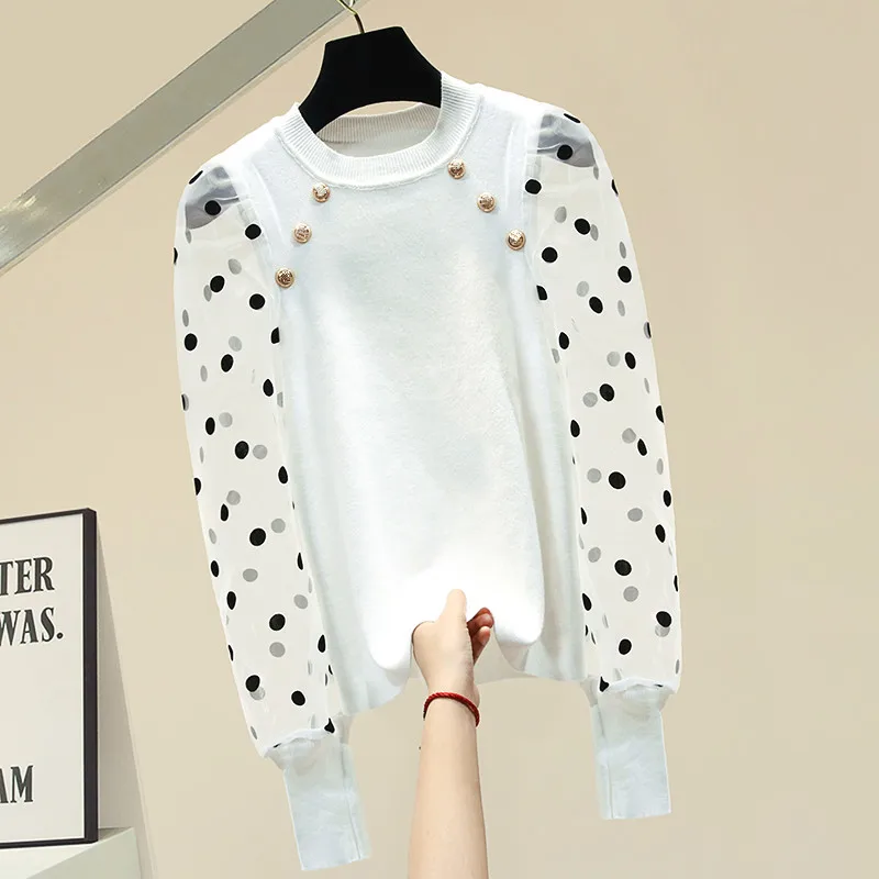 Woman's Sweaters Fashion Stitching Polka Dot Long Mesh Sleeve Knitted Sweater Shirt Autumn Cloth Female Slim Jumper Tops Femme
Woman's Sweaters Fashion Stitching Polka Dot Long Mesh Sleeve Knitted Sweater Shirt Autumn Cloth Female Slim Jumper Tops Femme