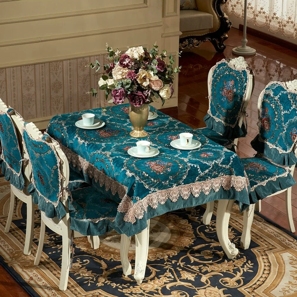 

European Classical Upscale Blue Lace Tablecloth Royal Luxury Table Cloth Chair Cover for Weding Banquet Jacquard Table Cover