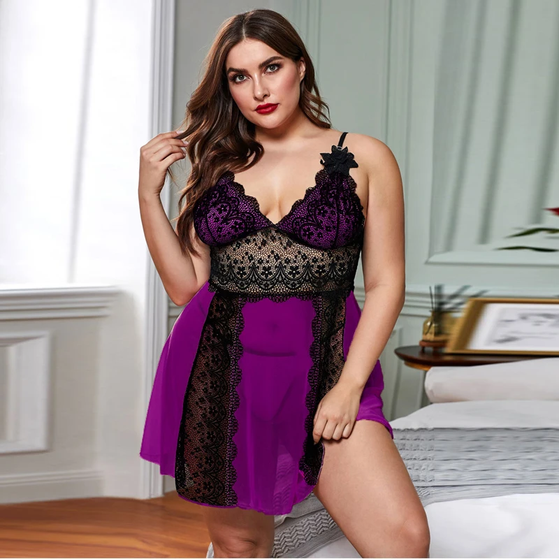 CyiExi Plus Size Sexy Lace Sleepwear Night Dress Women Hollow Out V-neck Sleeveless + Thong Female Nightwear Nightgown Set | Женская