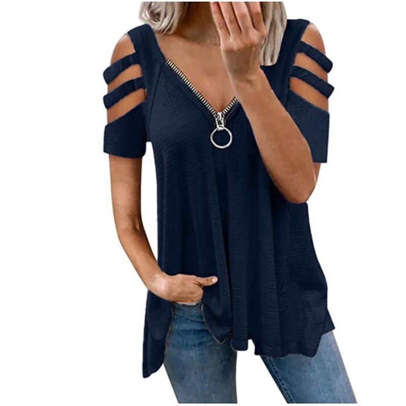 2021 new popular V-neck zipper off shoulder short sleeve solid color T-shirt for women 
2021 new popular V-neck zipper off shoulder short sleeve solid color T-shirt for women