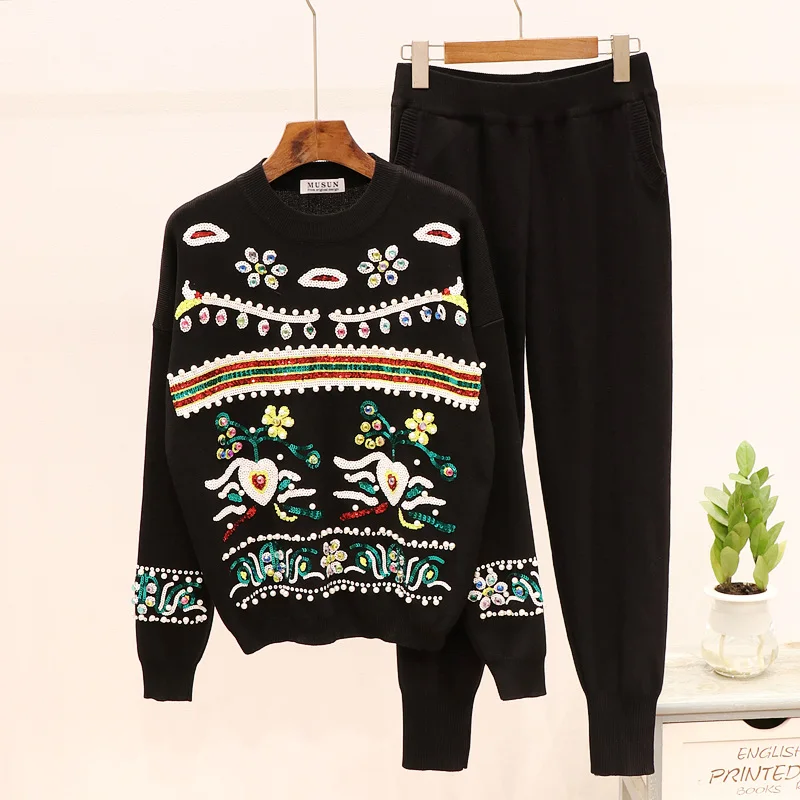 2020 Autumn Womens Winter Tops Fashion Beading Sequins Long Sleeve Knitted Sweater + Casual Pants Women Two Piece Outfits | Женская