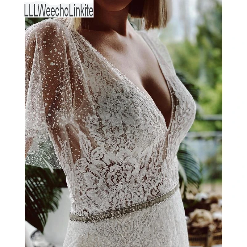 White Lace Short Sleeves Floor-Length Mermaid/Trumpet Wedding Dresses Chapel Train V-Neck Bridal Gowns
White Lace Short Sleeves Floor-Length Mermaid/Trumpet Wedding Dresses Chapel Train V-Neck Bridal Gowns