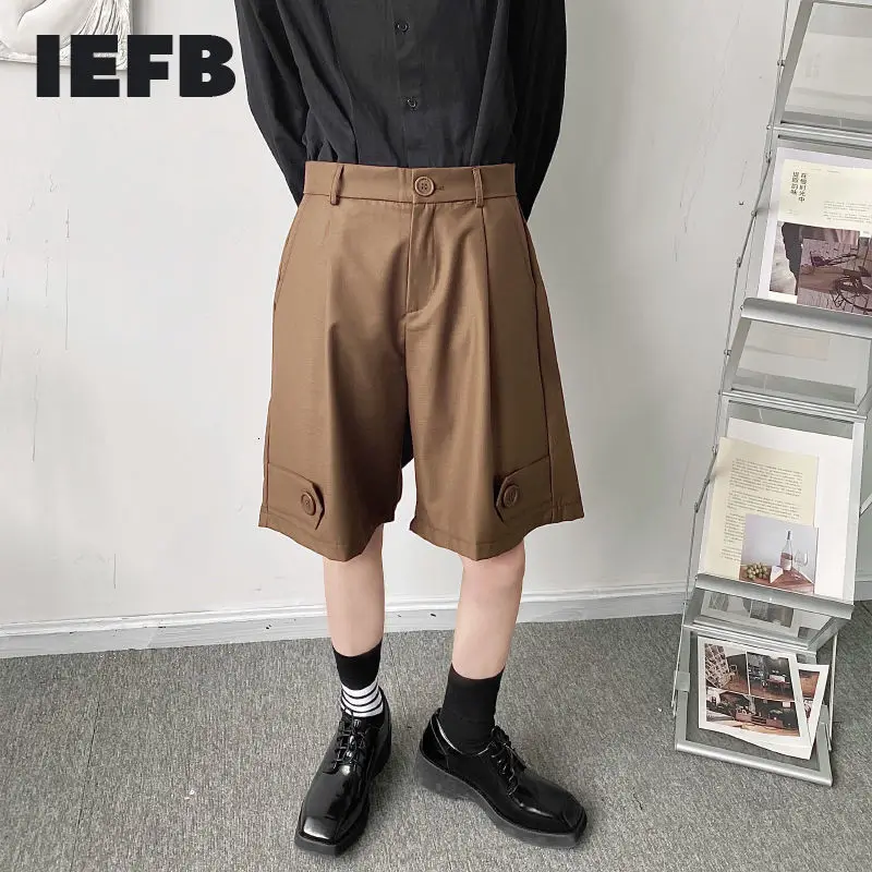 

IEFB 2023 Straight Causal Suit Shrts For Men Bottom Button Patchwork Solid Color Trumpet Summer Casual Knee Length Pants 9Y7371