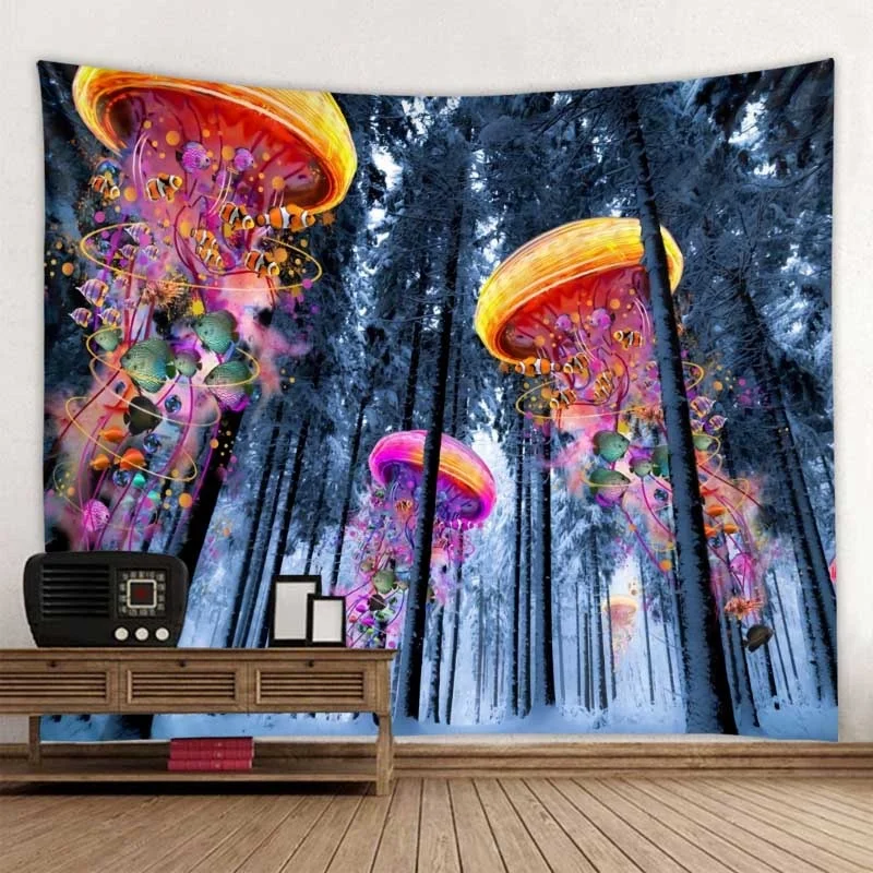 Psychedelic tapestry, snow scenery, jellyfish, mushrooms, pendant, aesthetics, room decoration, bohemian family wall decoration
Psychedelic tapestry, snow scenery, jellyfish, mushrooms, pendant, aesthetics, room decoration, bohemian family wall decoration