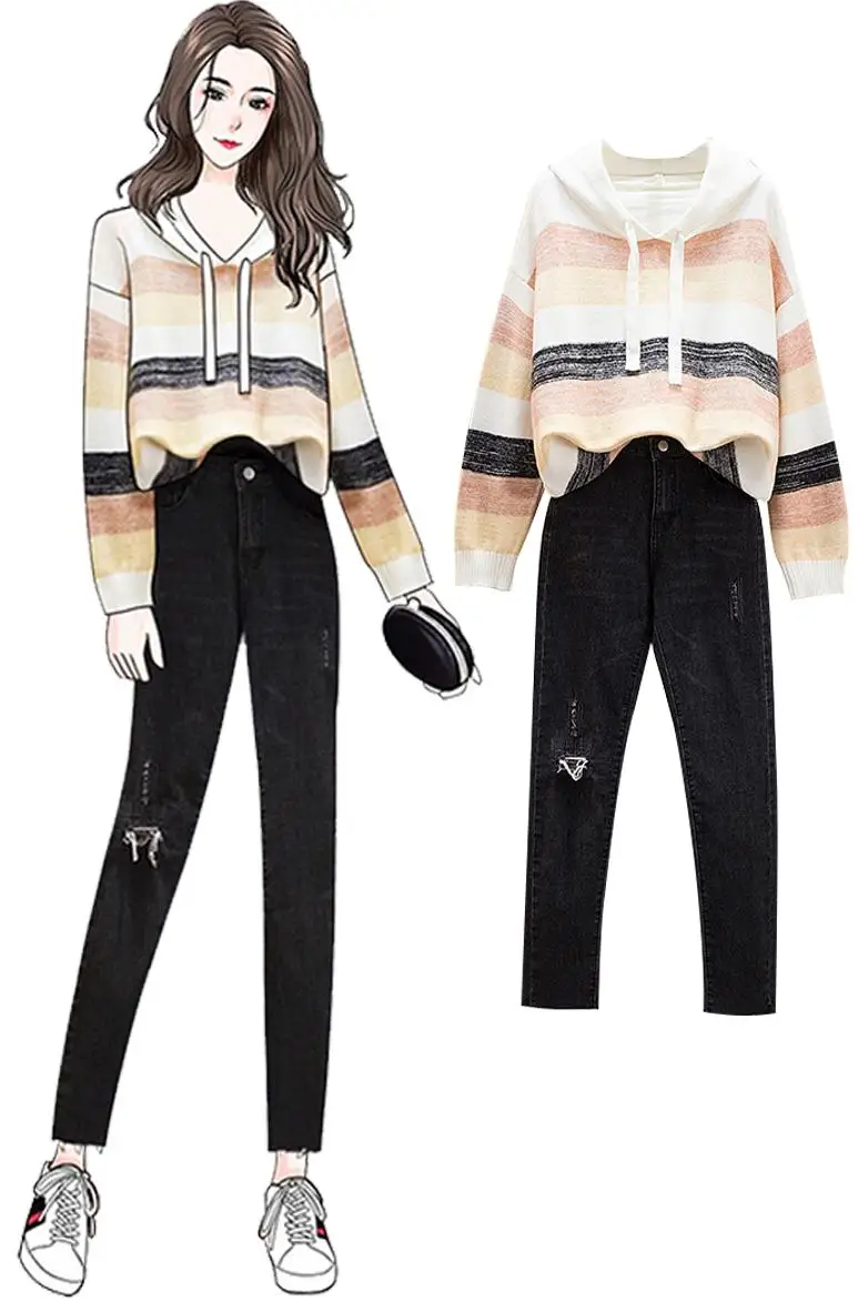 New Autumn Winter Women Outfit Outside Stripe Hooded Sweater Suits Loose Elastic Jeans Denim Pants Two-Piece Women Set Clothing
New Autumn Winter Women Outfit Outside Stripe Hooded Sweater Suits Loose Elastic Jeans Denim Pants Two-Piece Women Set Clothing