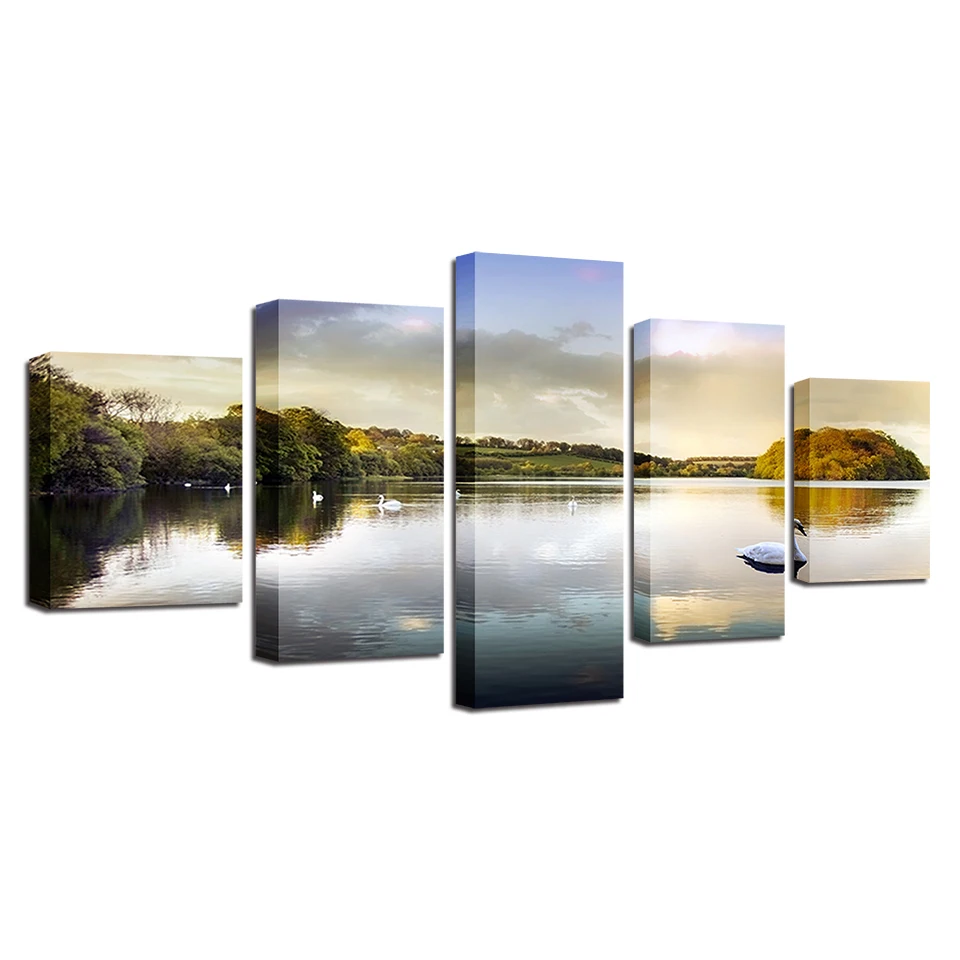 

Canvas HD Prints Artworks Decor 5 Pieces Lake And Water Swan Forest Scenery Wall Art Framework Poster Pictures Modular Paintings