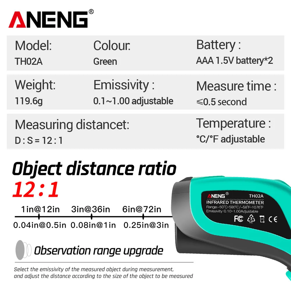 ANENG TH02A Digital Professional Infrared Thermometer -50~580C Laser Temperature Meter Gun LCD Laser Pyrometer IR Thermometer
ANENG TH02A Digital Professional Infrared Thermometer -50~580C Laser Temperature Meter Gun LCD Laser Pyrometer IR Thermometer