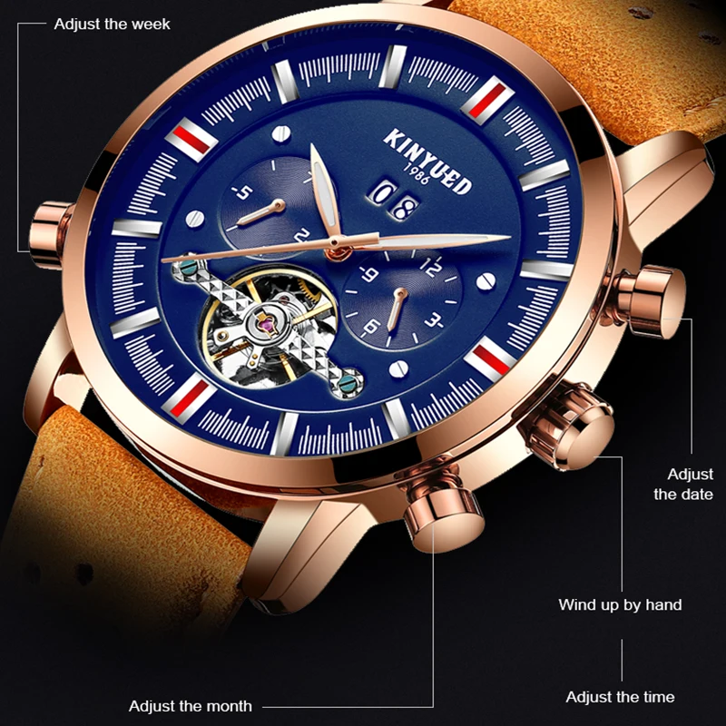 KINYUED Swiss Men's Leather Breathable Strap Watch with Month Display Function Fully Automatic Male Mechanical Watches 
KINYUED Swiss Men's Leather Breathable Strap Watch with Month Display Function Fully Automatic Male Mechanical Watches