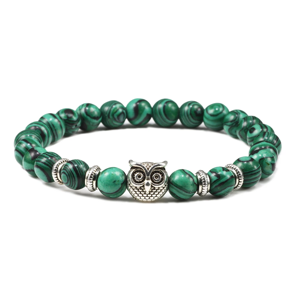 

Natural Stone Beads Owl Bracelets Malachite Rock Lava Bangles Charm Strand Elastic Energy Yoga Buddha Jewelry For Women Men