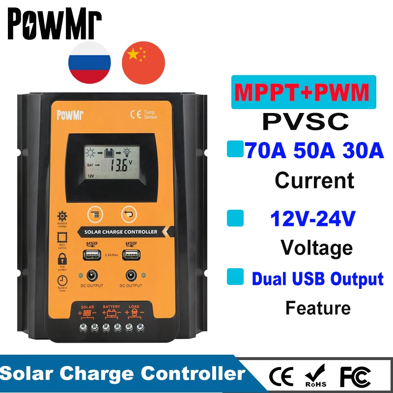 PowMr 70A 50A 30A Solar Charger Controller 12V 24V Auto Solar Panel Battery Regulator LCD Display Dual USB Output Solar System
PowMr 70A 50A 30A Solar Charger Controller 12V 24V Auto Solar Panel Battery Regulator LCD Display Dual USB Output Solar System