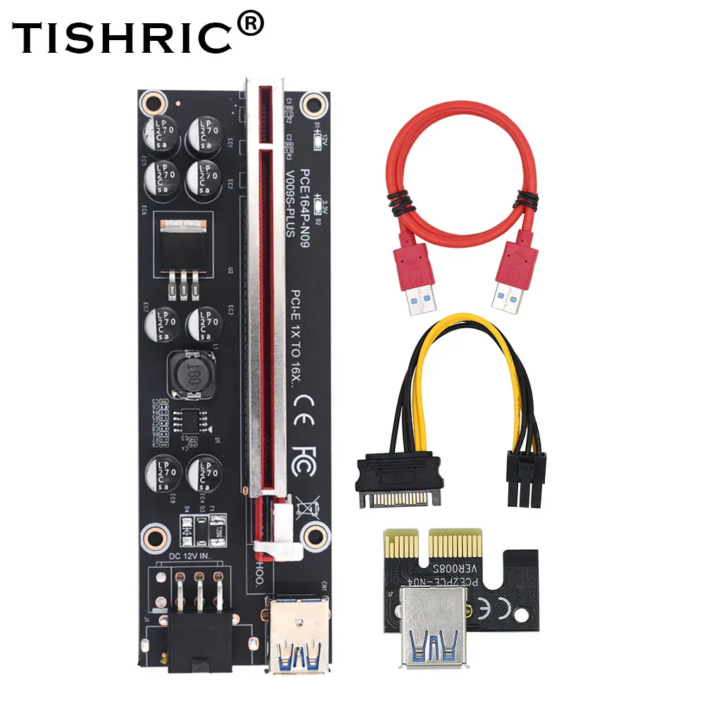 

10 шт. TISHRIC VER009S Pcie Riser 009s Plus Экспресс 1X к 16X SATA к 6Pin USB 3,0 кабель переходник карта адаптер Майнер