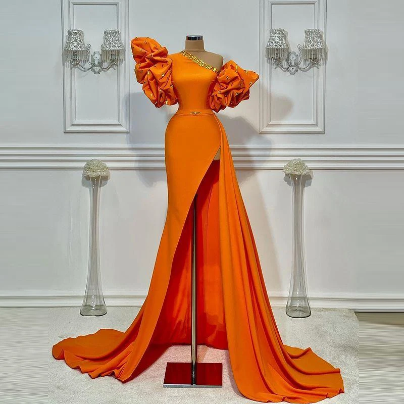 Orange Elegant Prom Dresses Puffy Puff Sleeves Rhinestone High Slit Dubai Women Formal Long Evening Party Gowns Plus Size Custom
Orange Elegant Prom Dresses Puffy Puff Sleeves Rhinestone High Slit Dubai Women Formal Long Evening Party Gowns Plus Size Custom