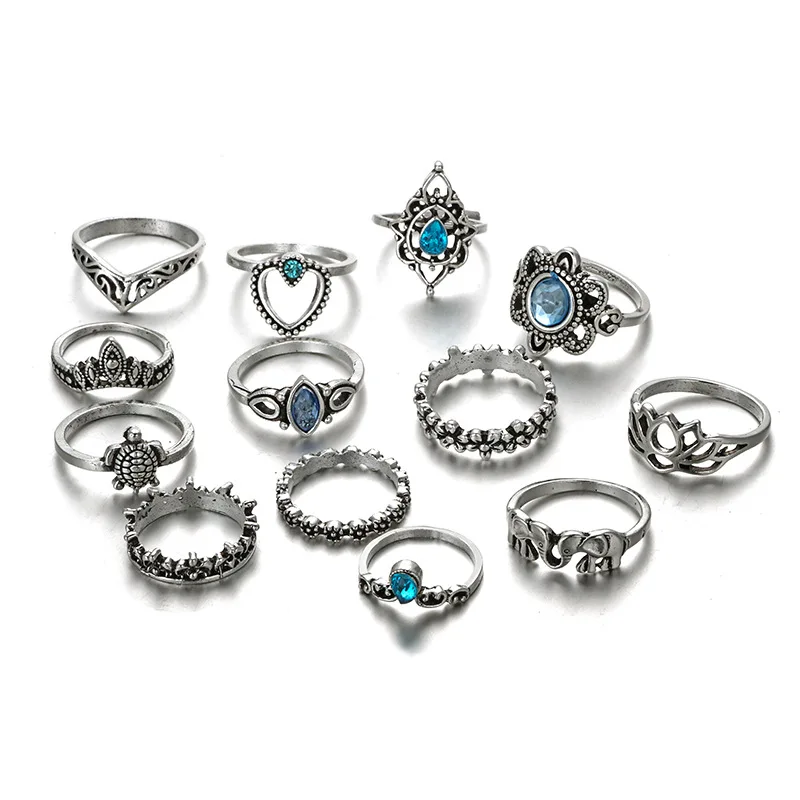 Retro Fashion Hollow Lotus Crown Diamond Peach Heart Elephant Ring 13-piece Set of Bohemian Geometric Female Finger Ring Jewelry
Retro Fashion Hollow Lotus Crown Diamond Peach Heart Elephant Ring 13-piece Set of Bohemian Geometric Female Finger Ring Jewelry