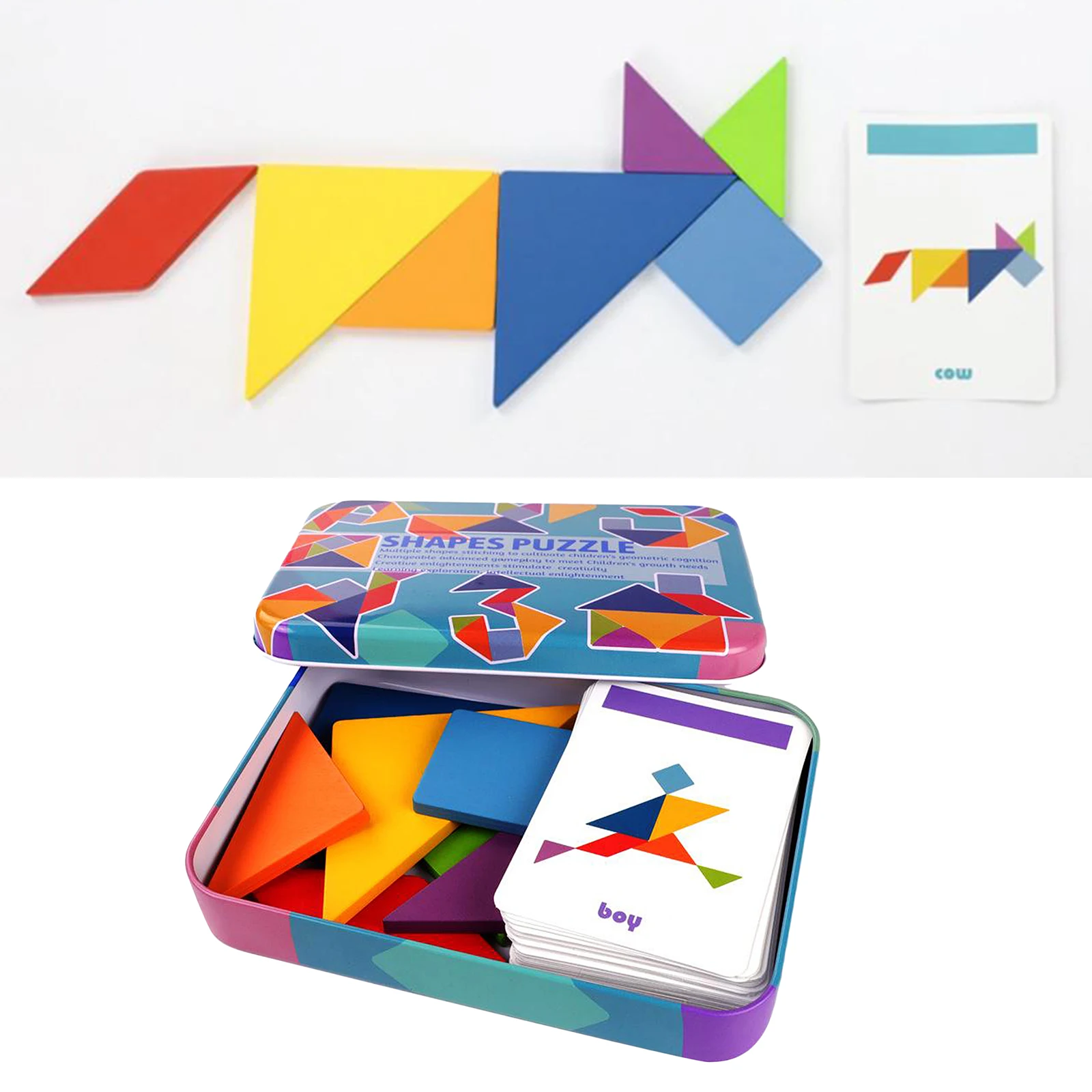 Kids Wooden Tangram Puzzle Montessori Pattern Block Sorting Stacking Game Toy Boys Girls 7 Pieces Blocks and 60 Cards
Kids Wooden Tangram Puzzle Montessori Pattern Block Sorting Stacking Game Toy Boys Girls 7 Pieces Blocks and 60 Cards