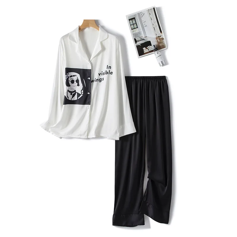 Lady 2PCS Faux Slik Pajamas Set Cartoon Letter Print Sleepwear Turn-down Collar Shirt&Pant Nightwear Casual Spring New Home Wear
Lady 2PCS Faux Slik Pajamas Set Cartoon Letter Print Sleepwear Turn-down Collar Shirt&Pant Nightwear Casual Spring New Home Wear