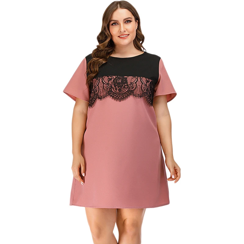 Plus Size Women Dress Summer Sexy O-Neck Patchwork Lace Tops Short Sleeve Loose Knee-length Dress Office Lady Vestidos De Fiesta
Plus Size Women Dress Summer Sexy O-Neck Patchwork Lace Tops Short Sleeve Loose Knee-length Dress Office Lady Vestidos De Fiesta