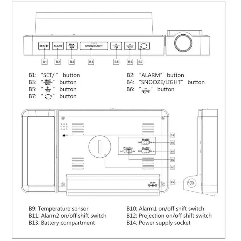 Multifunctional Digital Alarm Clock Calendar LED Projection Weather Thermomer
Multifunctional Digital Alarm Clock Calendar LED Projection Weather Thermomer