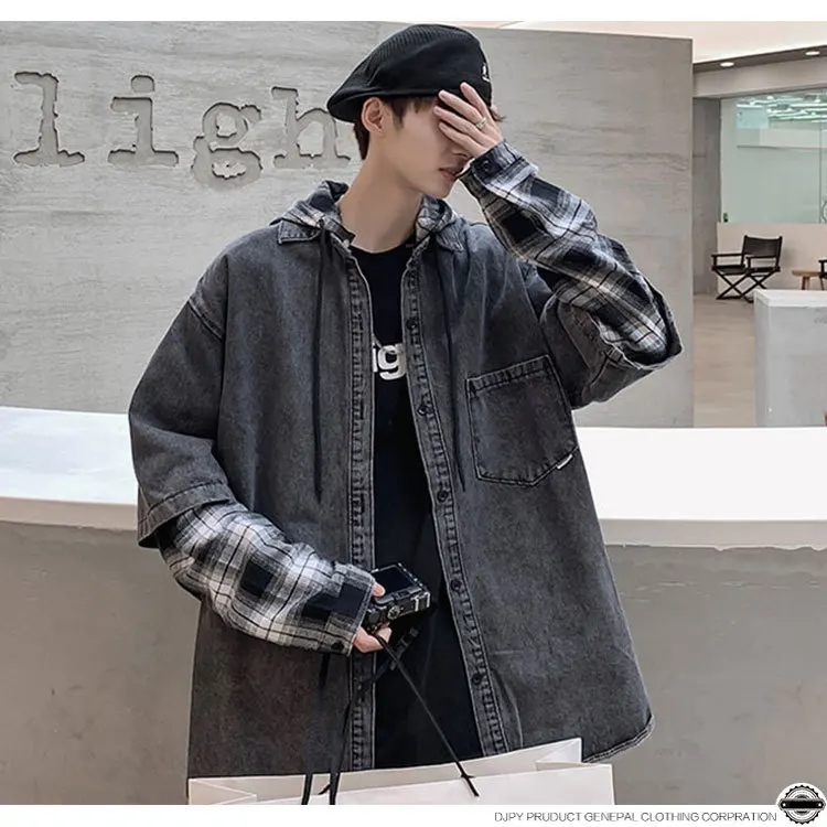 Plaid Stitched Hooded Denim Jacket Men's Spring Korean Oversized Denim Shirt Jacket Men Distressed Denim Jacket Streetwear Punk
Plaid Stitched Hooded Denim Jacket Men's Spring Korean Oversized Denim Shirt Jacket Men Distressed Denim Jacket Streetwear Punk