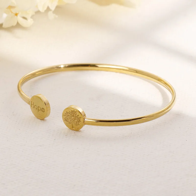 Hope Tree Of Life Open Bangle Women Stainless Steel Golden Bracelet Fashion Simple Jewelry Wholesale
Hope Tree Of Life Open Bangle Women Stainless Steel Golden Bracelet Fashion Simple Jewelry Wholesale