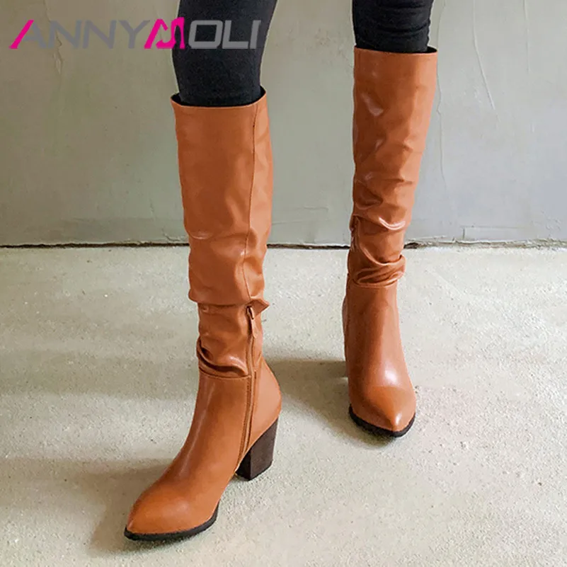 ANNYMOLI Pointed Toe Knee High Boots Woman High Heel Boots Thick Heel Long Boots Zip Pleated Female Shoes Autumn Winter White 46
ANNYMOLI Pointed Toe Knee High Boots Woman High Heel Boots Thick Heel Long Boots Zip Pleated Female Shoes Autumn Winter White 46