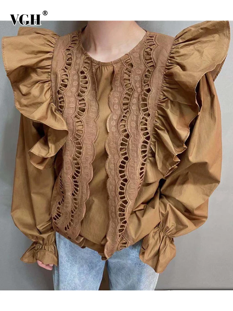 VGH Casual Straight Shirt For Women Round Collar Flare Sleeve Lace Cut Out Blouses Female Korean Fashion Clothing 2021 Style New
VGH Casual Straight Shirt For Women Round Collar Flare Sleeve Lace Cut Out Blouses Female Korean Fashion Clothing 2021 Style New