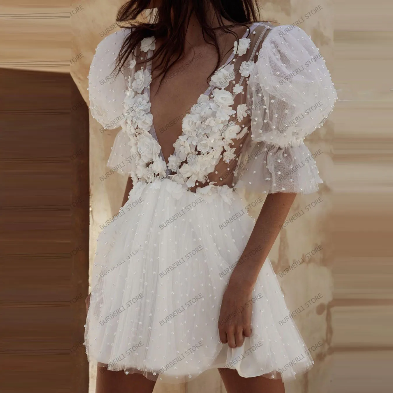 Chic Short Prom Dress Pearls Floral Prom Dresses vestidos de curto Applique Puffy Sleeve Formal Party Gowns For Wedding Backless
Chic Short Prom Dress Pearls Floral Prom Dresses vestidos de curto Applique Puffy Sleeve Formal Party Gowns For Wedding Backless