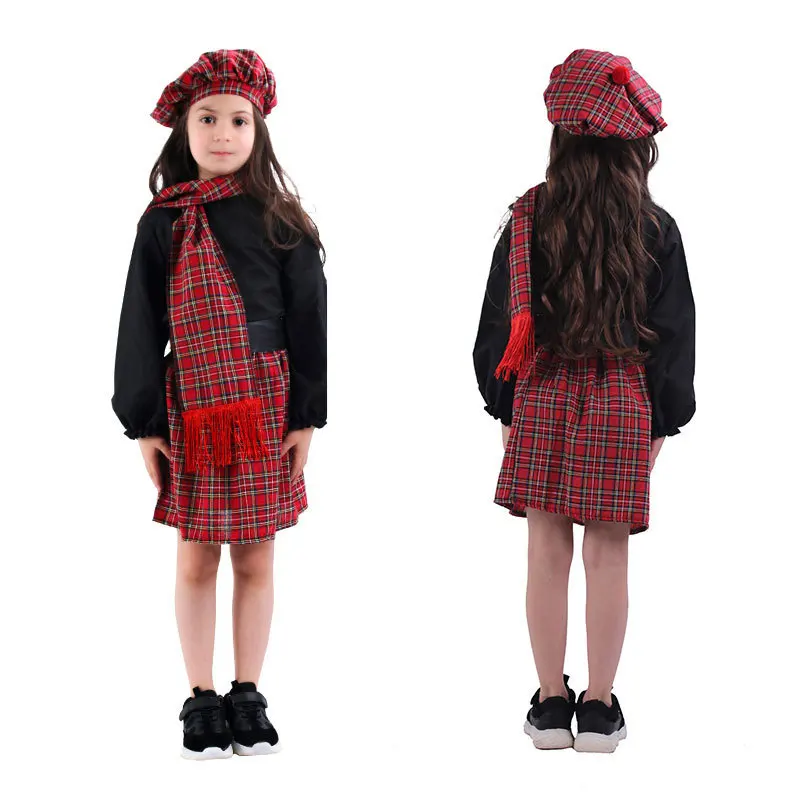 

Scotch girl Scotland Costume Head Dress Headwear Scarf Baby Girls Full Suit Children Halloween Scottish Kilt Cosplay dress