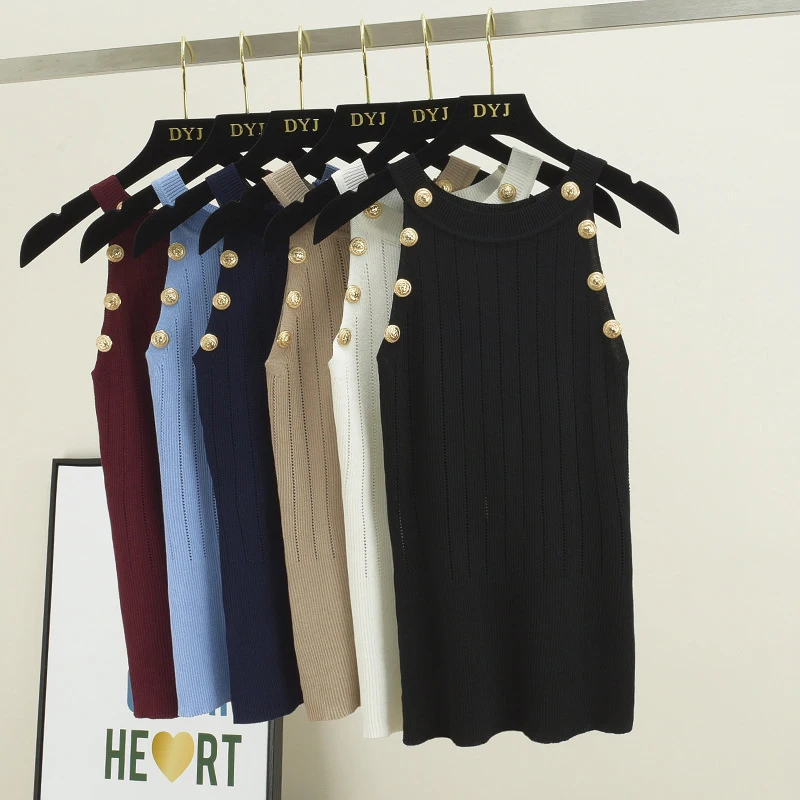 Summer ladies fashion knitted O-neck off-shoulder vest Ladies tights knitted button camisole sleeveless T-shirt sexy female top
Summer ladies fashion knitted O-neck off-shoulder vest Ladies tights knitted button camisole sleeveless T-shirt sexy female top