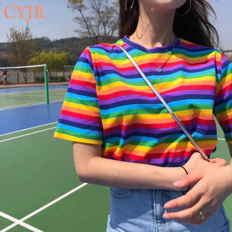 2021 Female Korean Harajuku Casual Loose Rainbow Striped T Shirt Women's T-shirts Tops Japanese Kawaii Ladies Clothes For Women
2021 Female Korean Harajuku Casual Loose Rainbow Striped T Shirt Women's T-shirts Tops Japanese Kawaii Ladies Clothes For Women