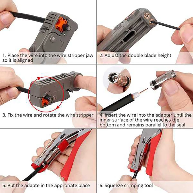 Coaxial Cable Crimping Tool Kit Compression Pliers and Wire Strippers for RG58 RG59 RG6 Coaxial Cable 
Coaxial Cable Crimping Tool Kit Compression Pliers and Wire Strippers for RG58 RG59 RG6 Coaxial Cable