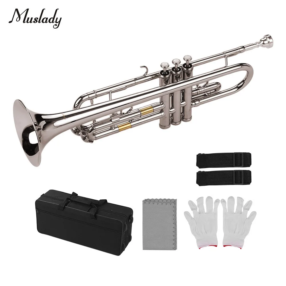 Muslady Standard Bb Trumpet Brass Material Nickle Plated Wind Instrument with Mouthpiece Carry Bag Gloves Cleaning Cloth 
Muslady Standard Bb Trumpet Brass Material Nickle Plated Wind Instrument with Mouthpiece Carry Bag Gloves Cleaning Cloth