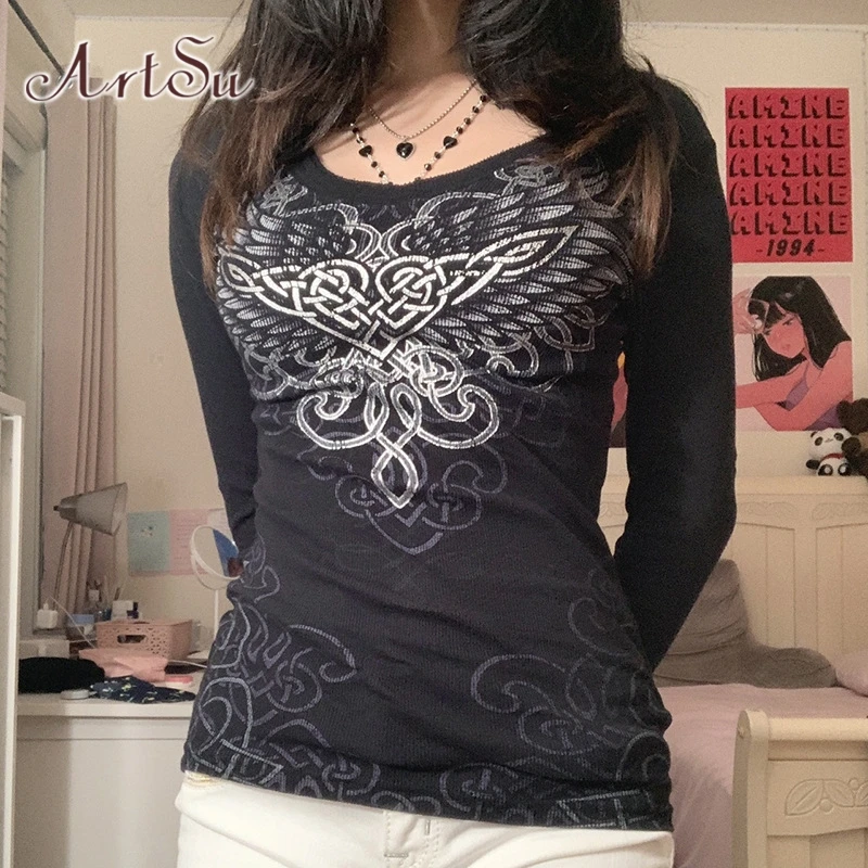 ArtSu Vintage T-shirt Femme Y2K Clothes Autumn Angel Heart Printed Streetwear Harajuku Gothic Slim Black Long Sleeve Shirt Tees
ArtSu Vintage T-shirt Femme Y2K Clothes Autumn Angel Heart Printed Streetwear Harajuku Gothic Slim Black Long Sleeve Shirt Tees