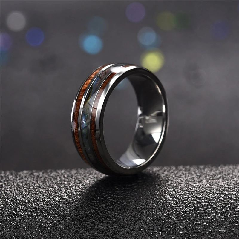 Модные мужские кольца 8 мм из нержавеющей стали с отделкой под дерево модные
