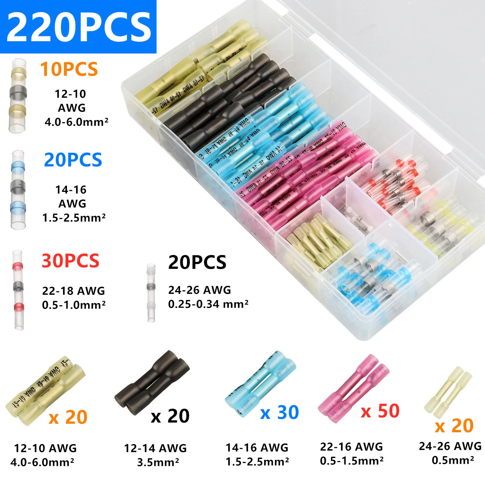 220PCS Waterproof Solder Seal Sleeve Heat Shrink Crimp Terminals Electrical Wire Butt Connectors Kit Assortment 10-26AWG
220PCS Waterproof Solder Seal Sleeve Heat Shrink Crimp Terminals Electrical Wire Butt Connectors Kit Assortment 10-26AWG