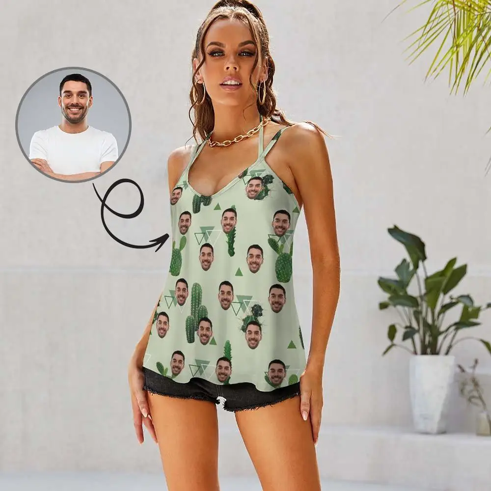 

Custom Face Green Cactus Tie-dye Women's Camisole Backless V Neck Personalized Gift Girlfriend Female Vests Tops Party Club Wear