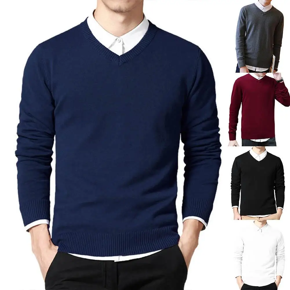 2020 camisas para hombre мужской однотонный облегающий пуловер с v образным вырезом и