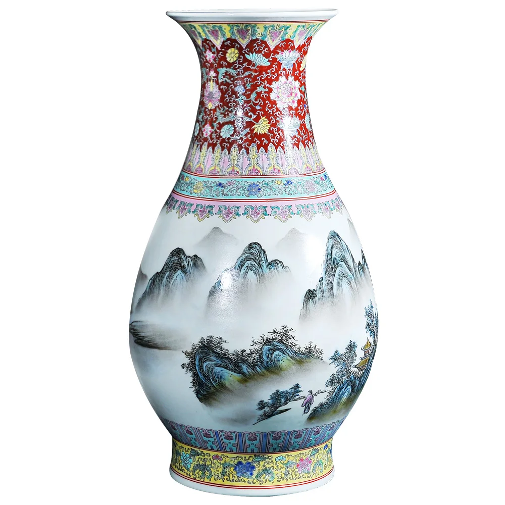 

Jingdezhen Antique Ceramics Craft Collection Decoration Old Factory Porcelain Pastel Landscape Yu Hu Chun Vase Living Room