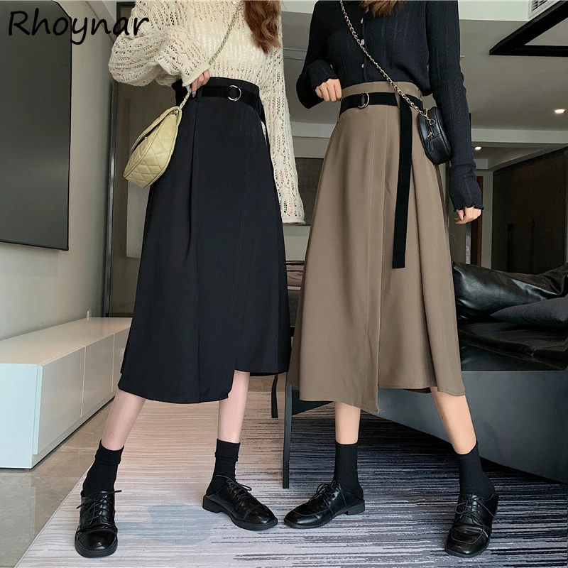 

Skirts Women Hepburn Summer Asymmetrical All Match Female Design Casual Solid Mid-calf Vintage Ulzzang Empire Fashion Daily Ins