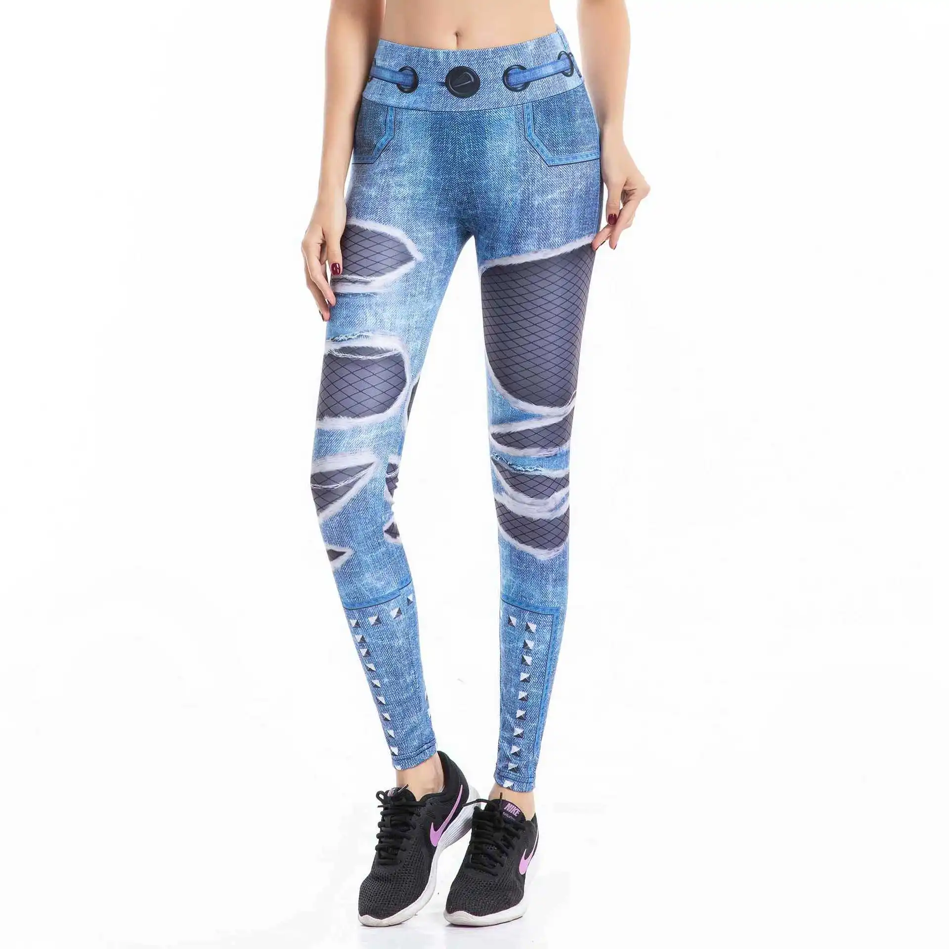Джинсовые синие штаны для йоги леггинсы с 3D принтом джинсы женщин джеггинсы