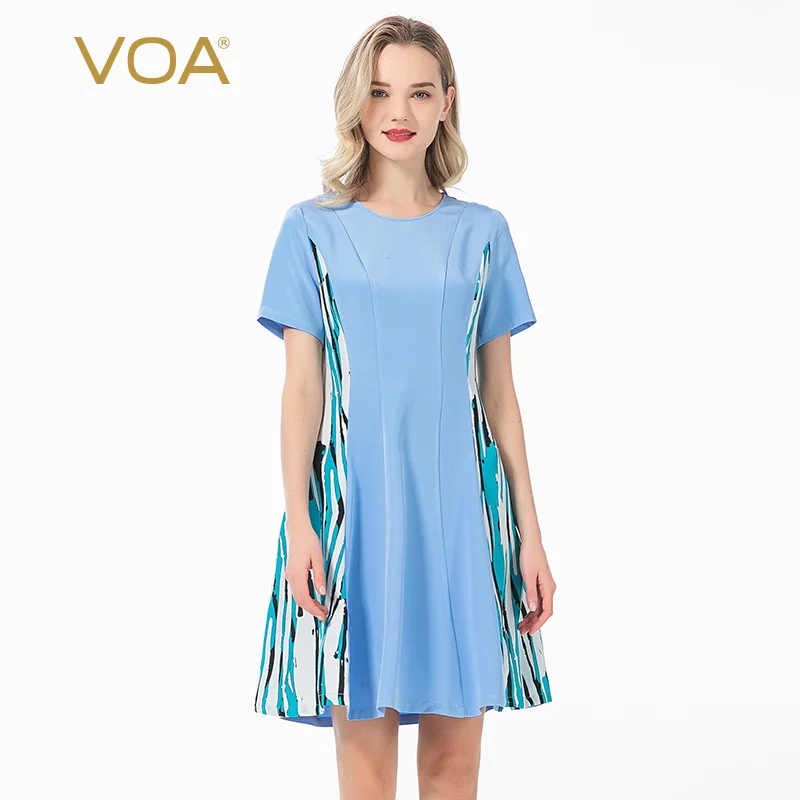VOA Blue 36mm Heavy Silk Women's Print Panel Xi Stuck Microprojectile Crisp Short-Sleeve Dress A431 
VOA Blue 36mm Heavy Silk Women's Print Panel Xi Stuck Microprojectile Crisp Short-Sleeve Dress A431