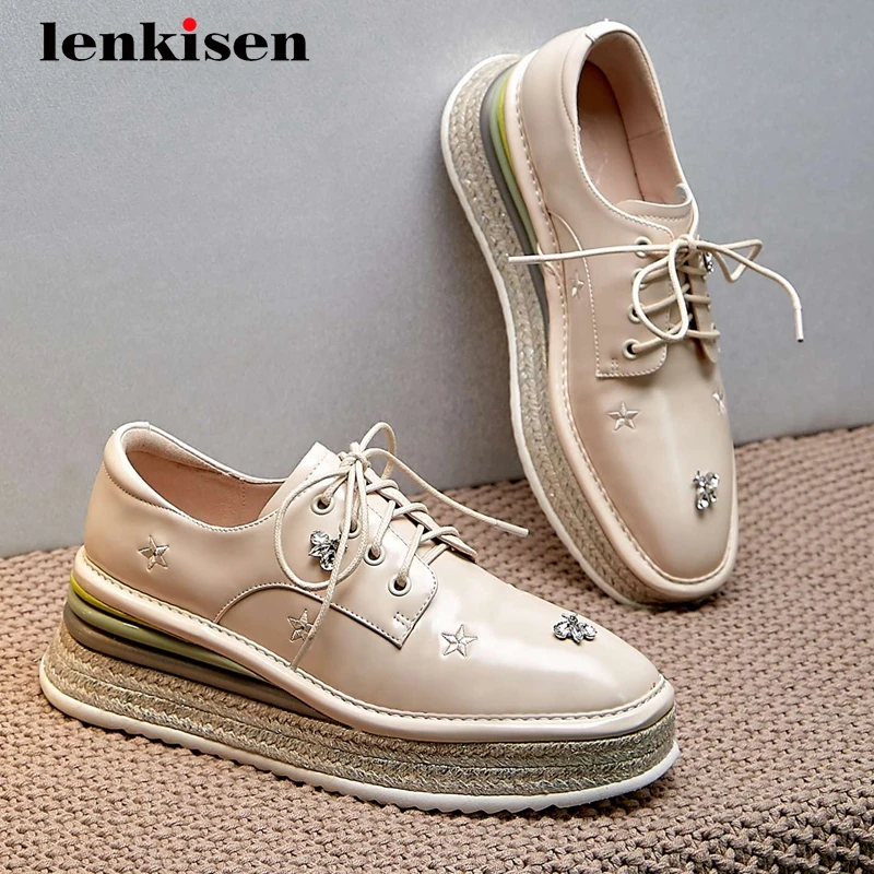 

Lenkisen/туфли в британском стиле из коровьей кожи на танкетке, на платформе, с квадратным носком, на толстом высоком каблуке, на шнуровке, краси...