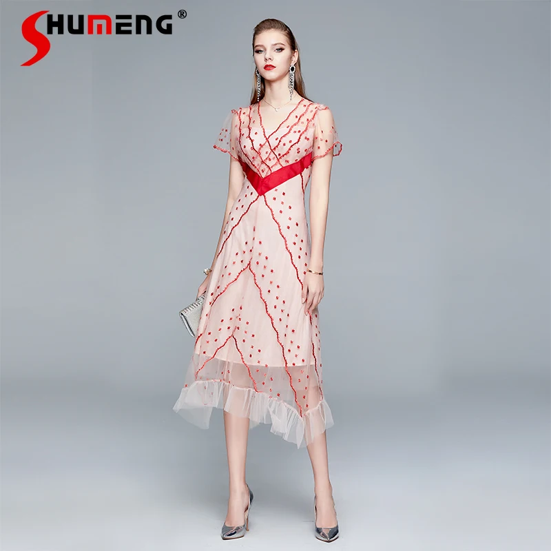 Женское розовое платье с коротким рукавом, элегантное Сетчатое платье на молнии с V-образным вырезом Вечерние вышивкой, лето 2021 
Женское розовое платье с коротким рукавом, элегантное Сетчатое платье на молнии с V-образным вырезом Вечерние вышивкой, лето 2021