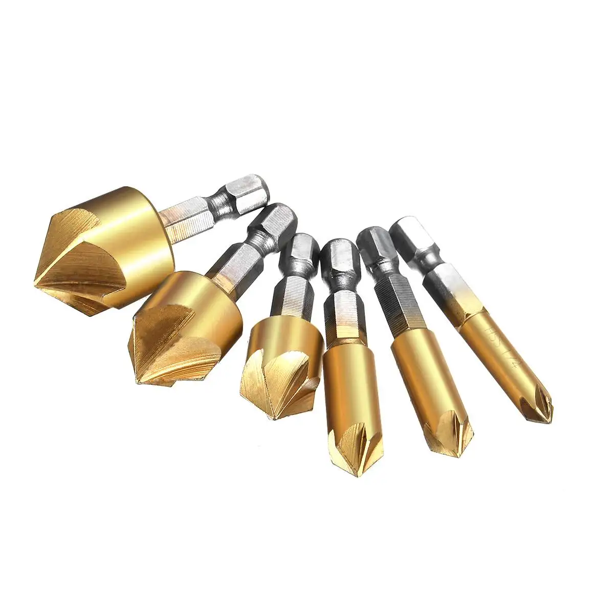 6pcs 6mm-19mm 5 Flute HSS Countersink Chamfer Drill Bit 1/4" Shank Titanium Coated Woodworking Core Power Tool Accessories
6pcs 6mm-19mm 5 Flute HSS Countersink Chamfer Drill Bit 1/4" Shank Titanium Coated Woodworking Core Power Tool Accessories