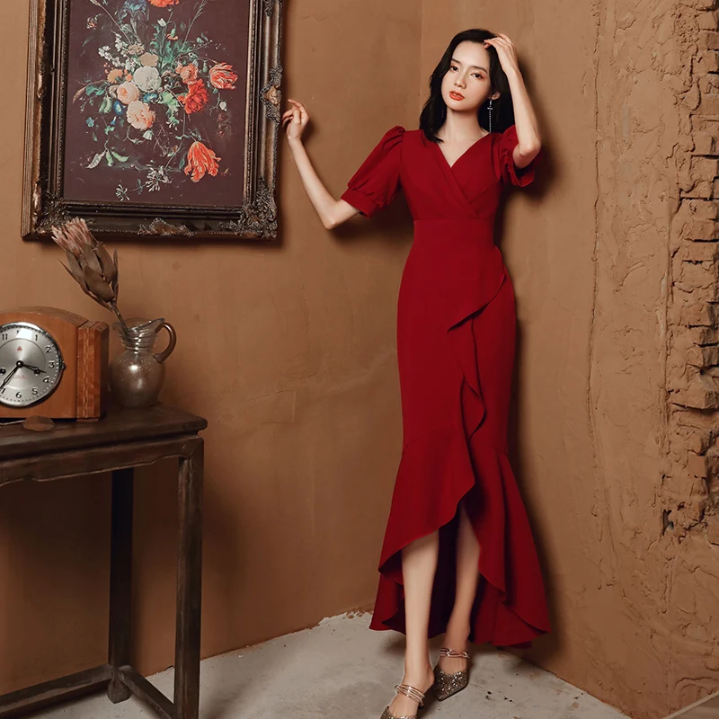 Evening Dress Pleat V-Neck Short Sleeves Burgundy Simple Tea-Length Zipper Back Mermaid Plus size Women Formal Party Gown C1000
Evening Dress Pleat V-Neck Short Sleeves Burgundy Simple Tea-Length Zipper Back Mermaid Plus size Women Formal Party Gown C1000